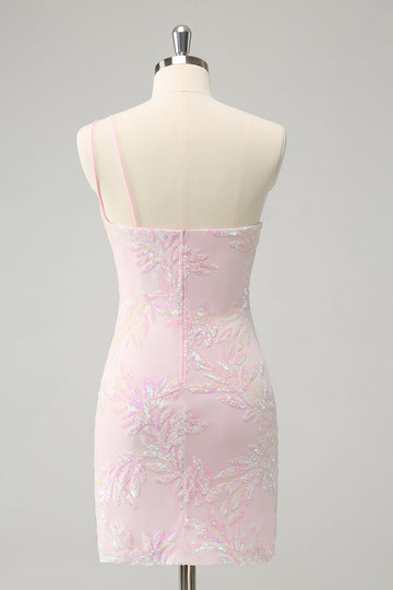 Vestido de cóctel ajustado de un hombro rosa brillante con lentejuelas